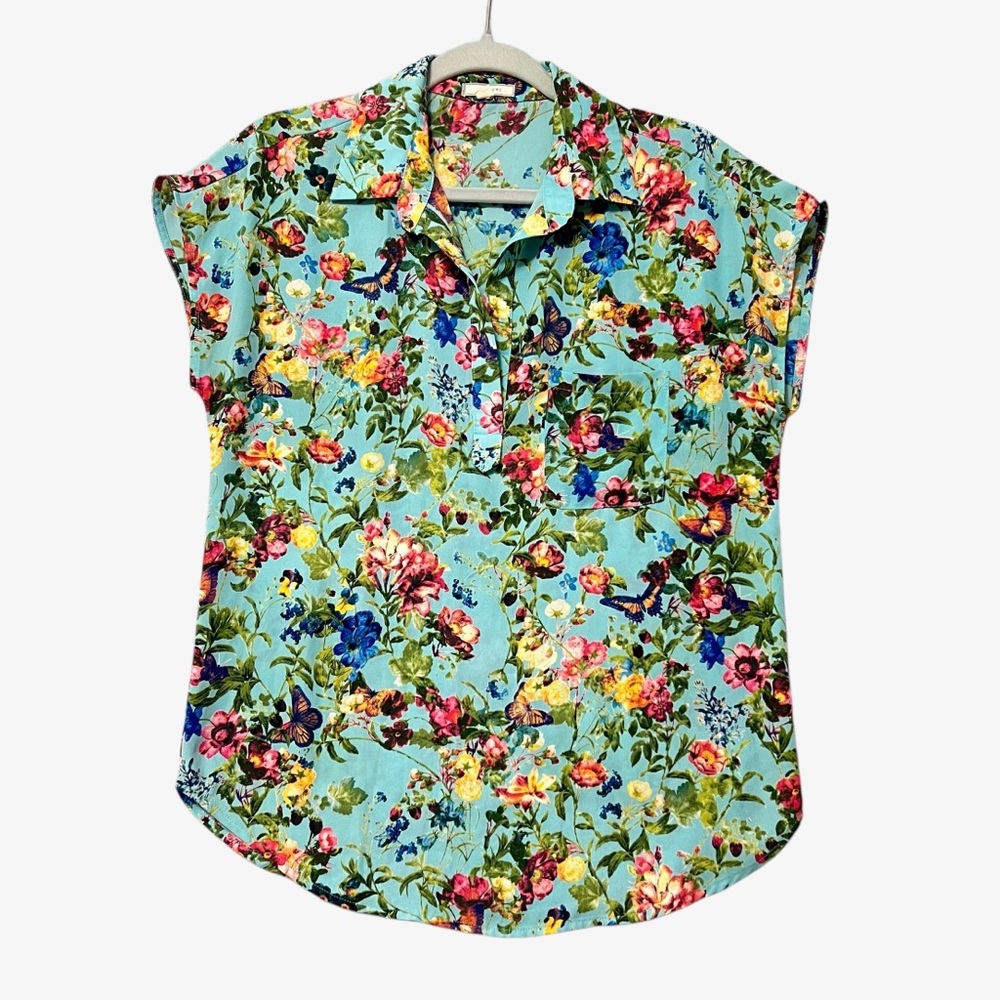 Pleione Womens Floral Blouse Size Small Aqua Boxy Fit Cap Sleeve Butterflies